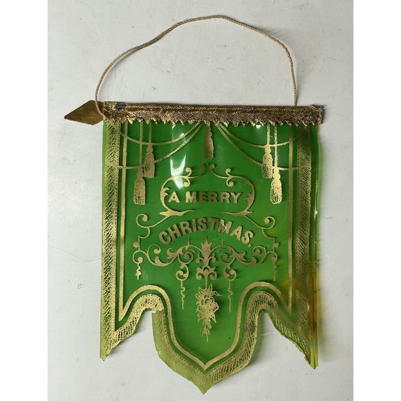 RARE Antique Victorian Merry Christmas Celluloid GREEN Banner Holiday Decor